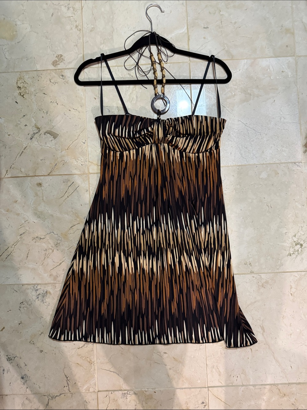 Y2K Rampage Brown and Cream Patterned Spaghetti-Strap Mini Dress